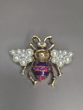 Gold Bee Brooch with Faux Pearl Wings and Purple-Pink Enamel